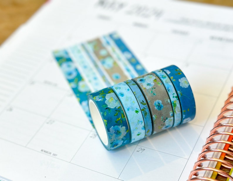 Teal Blue Spring Flowers Washi Tape Set May 2024 W107 image 7