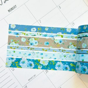 Teal Blue Spring Flowers Washi Tape Set May 2024 W107 image 8
