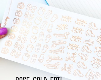 FOIL Workout Gym Exercise Fitness Icons Rose Gold Planner Stickers (#10,005)