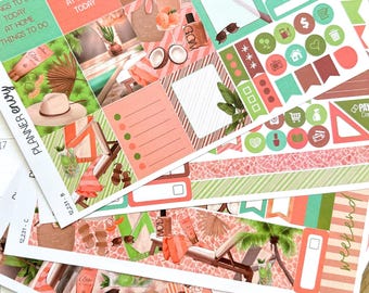 Tropical Beach Vacation Spa Self Care Summer Planner Stickers 4-Page Weekly Kit - 133 Stickers (#12,231)
