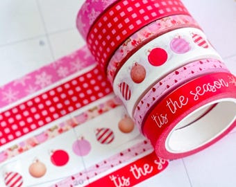 Christmas Tis The Season Pink & Red Snowflakes Holiday Washi Tape Set (#W036)