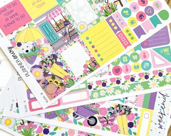 Spring Rainbow Rain Flowers & Umbrellas Planner Stickers 4-Page Weekly Kit - 133 Stickers (#12,220)