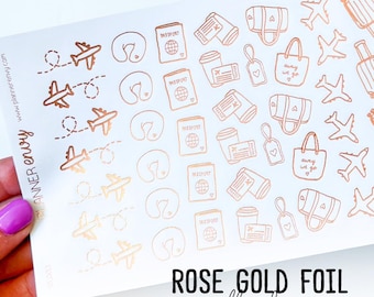 FOIL Travel Plane Passport Vacation Icons Rose Gold Planner Stickers (#10,003)