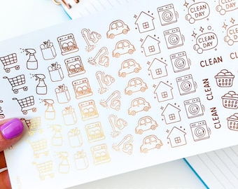 FOIL Cleaning Housework Chores Car Gas Grocery Shopping Icons Rose Gold Planner Stickers (#10,006)
