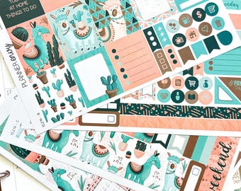 Llamas Boho Cactus Pastel Green Pink Desert Geometric Designs Planner Stickers 4-Page Weekly Kit - 133 Stickers (#12,214)