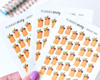 Grocery Bag Icons - Shopping Stickers - Minimalist Planner Stickers - 3 Mini Sheets (#1512 - 3)