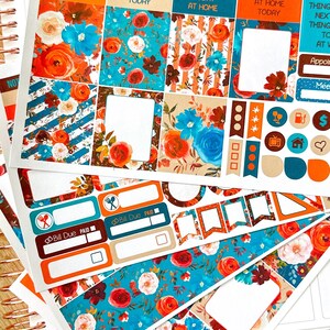 Kit hebdomadaire d'autocollants verticaux pour agenda d'automne floral orange bleu feuilles - 134 autocollants (12 185)