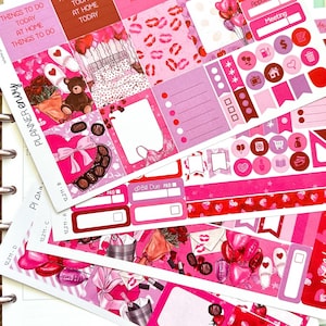 May include: A collection of pink and red planner stickers with various designs, including hearts, lips, and balloons. The stickers feature text like "Things to do today" and icons for appointments and meetings. The overall theme is romantic and decorative.