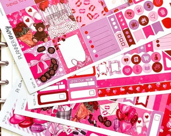 Valentine's Day Gifts Red & Pink Love Hearts Planner Stickers 4-Page Weekly Kit - 133 Stickers (#12,211)