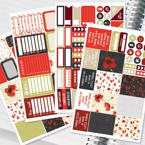 Red Black Poppies Planner Stickers Weekly Kit for Erin Condren Recollections & Happy Planner - 134 Stickers (#12,023)