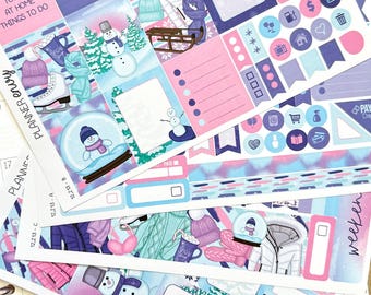 Winter Snowmen Snowy Cold Pastel Blue & Pink Planner Stickers 4-Page Weekly Kit - 133 Stickers (#12,213)