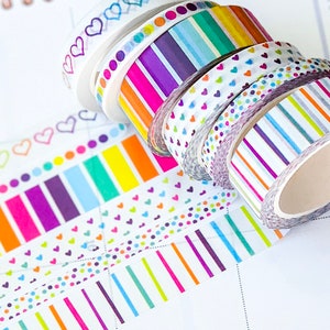 Rainbow Hearts Stripes Bright Polka Dots Washi Tape Set. Planner Envy Washi Set - W001