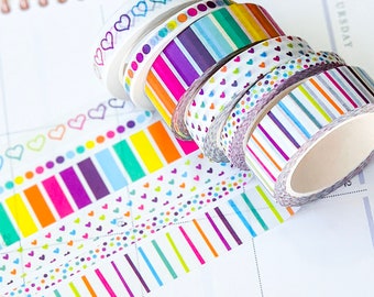 Regenbogen Herzen Streifen Helle Polka Dots Washi Tape Set. Planer Envy Washi Set - W001