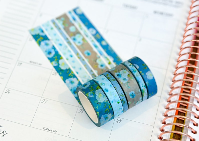 Teal Blue Spring Flowers Washi Tape Set May 2024 W107 image 4