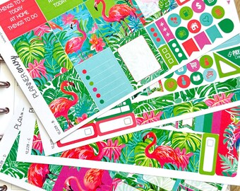 Tropical Lush Leaves Flamingos Vacation Green & Pink Planner Stickers 4-Page Weekly Kit - 133 Stickers (#12,229)