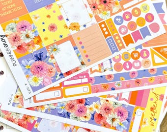 Spring Floral Purple Yellow Coral Pink Flowers Planner Stickers 4-Page Weekly Kit - 133 Stickers (#12,222)