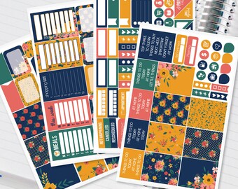 Gold Navy Floral Fall Planner Stickers Weekly Kit to be used with Erin Condren Vertical Life Planner (ECLP) - 134 Stickers (#12,040)