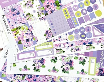 Purple Hydrangea Floral Spring Flowers Wedding Planner Stickers 4-Page Weekly Kit - 133 Stickers (#12,217)