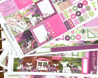 Pink Wildflowers Field Spring Flowers Butterflies Planner Stickers 4-Page Weekly Kit - 133 Stickers (#12,219)