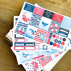 Ocean Nautical Summer Red White Blue Planner Stickers Weekly Kit to be used with Erin Condren & Happy Planner - 134 Stickers (#12,081)