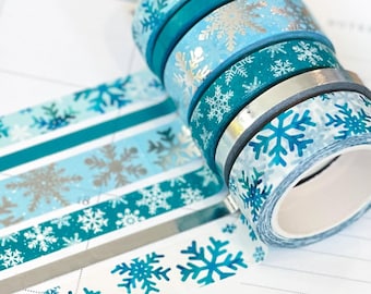 FOILED Teal & Silver Snowflakes Snowy Winter Washi Tape Set (#W005)