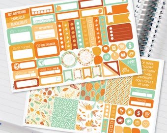 Orange Teal Fall Leaves Mini Kit - Weekly Planner Stickers for Erin Condren Vertical, Medium Recollections, Medium Happy Planner (#9064)