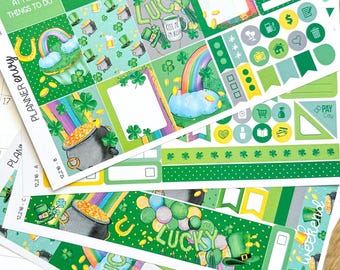 St Patricks Day Shamrock St Patty's Green Rainbow Planner Stickers 4-Page Weekly Kit - 133 Stickers (#12,216)