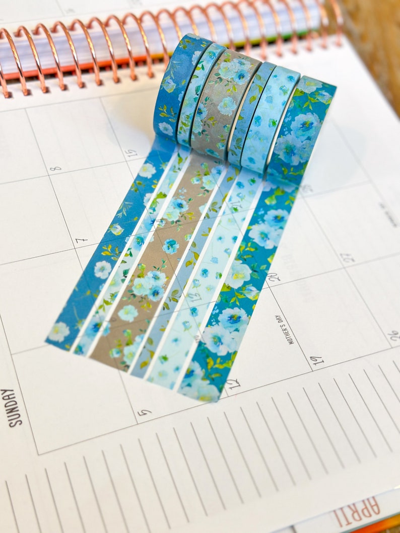 Teal Blue Spring Flowers Washi Tape Set May 2024 W107 image 6