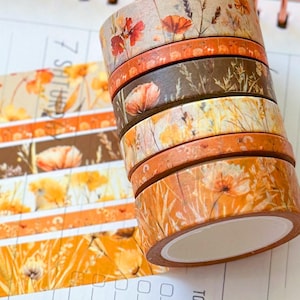 Fall Wildflowers Tan Orange Brown Boho Washi Tape Set September 2024 - W116