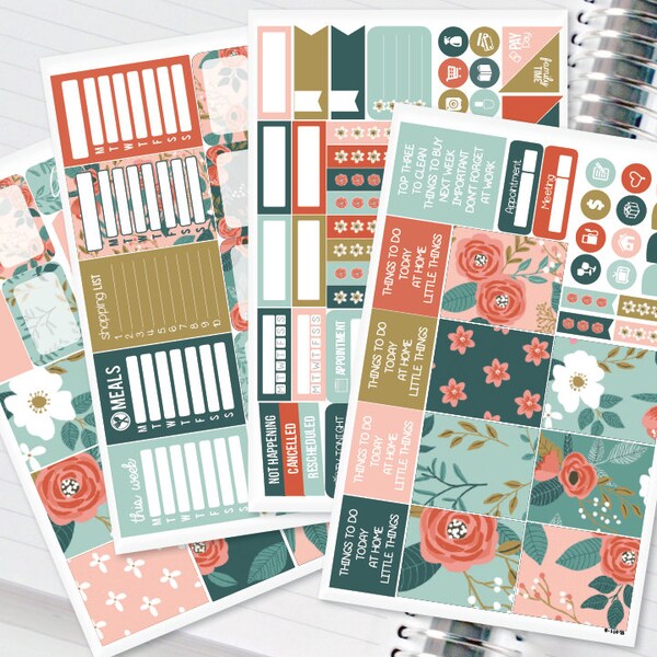 Shabby Chik Floral Planner Stickers Weekly Kit to be used with Erin Condren Recollections & Happy Planner - 134 Stickers (#12,011)