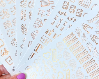FOIL Icons Sampler Pack (6 sheets) Rose Gold Planner Stickers (#10,001, #10,002, #10,003, #10,004, #10,005, #10,006)