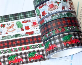 Christmas Rustic Red Truck Buffalo Plaid Green & Red Holiday Washi Tape Set (#W073)