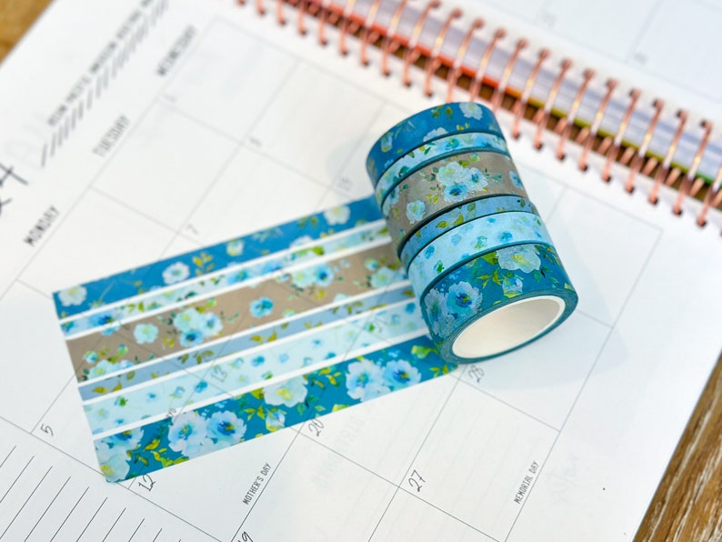 Teal Blue Spring Flowers Washi Tape Set May 2024 W107 image 10