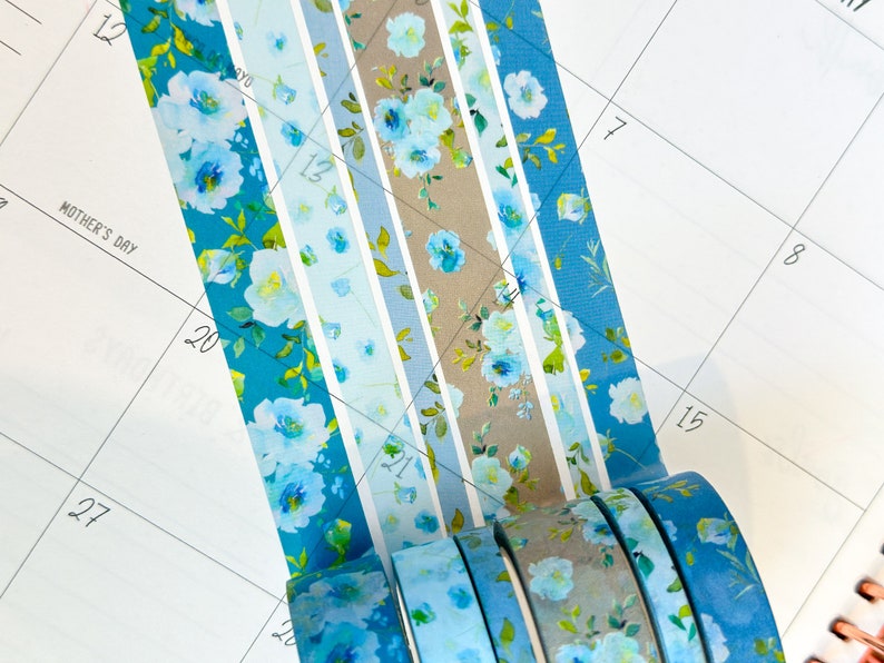 Teal Blue Spring Flowers Washi Tape Set May 2024 W107 image 3