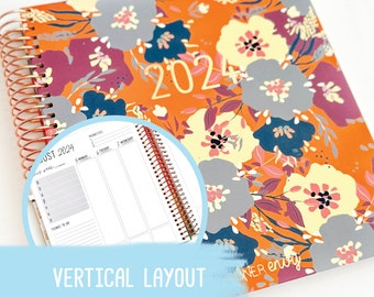 2024 Planner - Planner Envy Vertical Layout - 220 Pages, Spiral Bound with Rose Gold Spiral, Monthly Tabs - "YELLOW & PURPLE FLORAL" (#009)