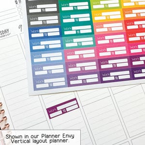 May include: Sheets of colorful planner stickers with the words "Work" and "To" on each. The stickers are in various colors, including green, yellow, pink, and purple. The text "Planner Envy" is visible at the top. The stickers are shown in a vertical layout planner.