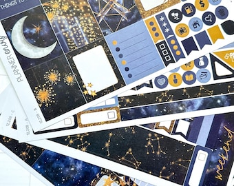 Celestial Galaxy Stars Nighttime Midnight Magic plannerstickers, weekpakket van 4 pagina's - 133 stickers (12.208)
