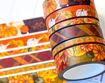 Fall Pumpkins Leaves and Plaid Sweater Weather Washi Tape Set - W090