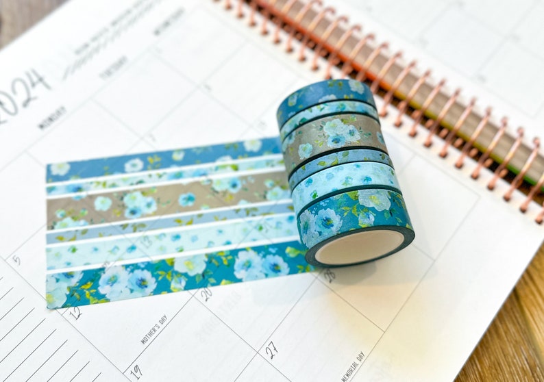 Teal Blue Spring Flowers Washi Tape Set May 2024 W107 image 5