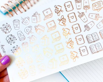 FOIL Coffee Planning Heart Reading Icons Rose Gold Planner Stickers (#10,002)