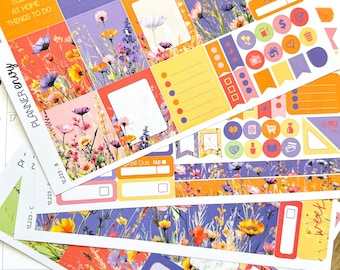 Spring Wildflowers Floral Purple Yellow Coral Pink Flowers Planner Stickers 4-Page Weekly Kit - 133 Stickers (#12,223)