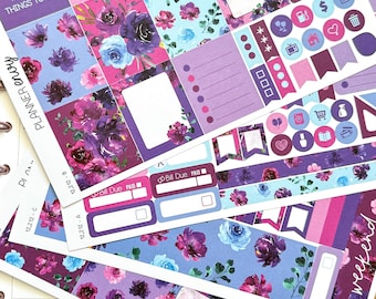 Floral Purple Pink & Blue Flowers Planner Stickers 4-Page Weekly Kit - 133 Stickers (#12,212)