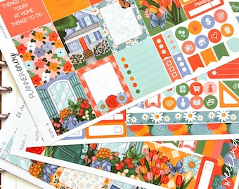 Lente cottage vlinders bloemen blauworanje bloemen planner stickers 4-pagina's per weekpakket - 133 stickers (12.225)