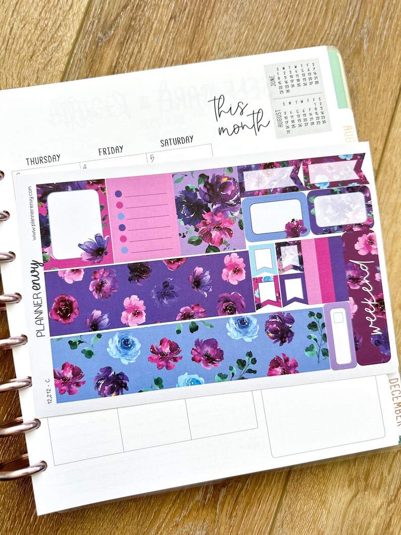 Floral Purple Pink & Blue Flowers Planner Stickers 4-page Weekly Kit ...
