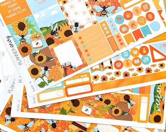 Bumble Bees Sunflowers Honey Spring Yellow Blue Planner Stickers 4-Page Weekly Kit - 133 Stickers (#12,224)