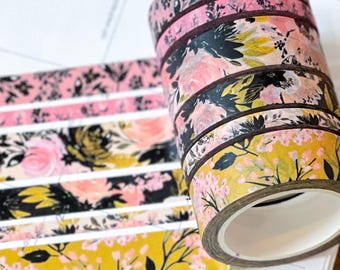 Black Pink & Gold Spring Floral Washi Tape Set (#W077)