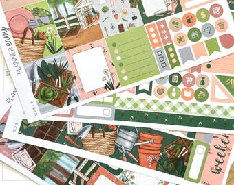 Spring Gardening Blooms Green Planner Stickers 4-Page Weekly Kit - 133 Stickers (#12,215)