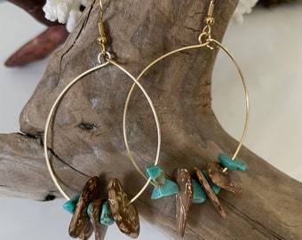 Turqoise Coconut Hoop Dangle Earrings in Gold