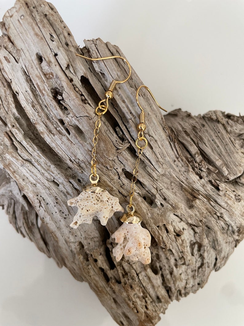 Coral Shell Drop Dangle Earrings in Gold image 4