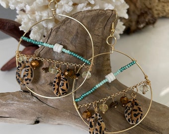 Painted Cowrie Puka Shell Hoop Earrings With Stone and Glass Beads in Gold